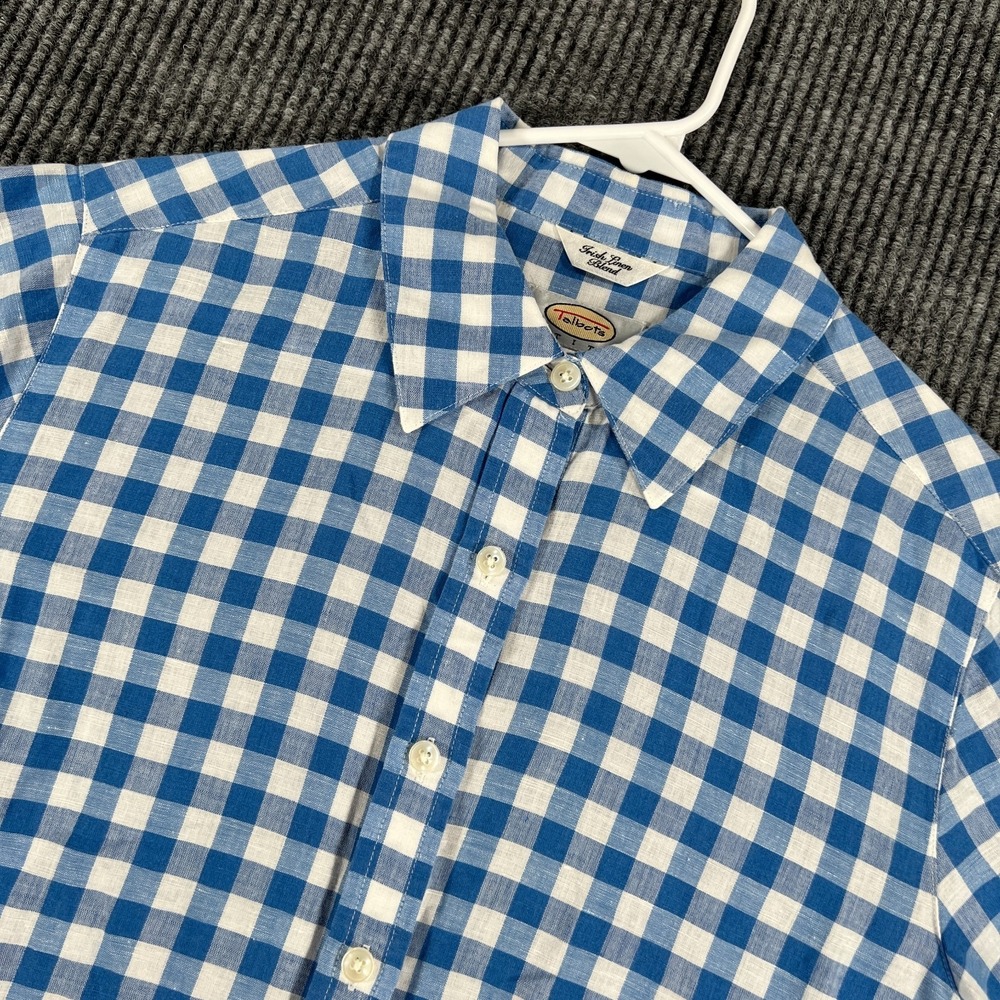 Talbots Button Up Shirt Womens Medium Blue Gingham Long Sleeve‎ Linen Blend